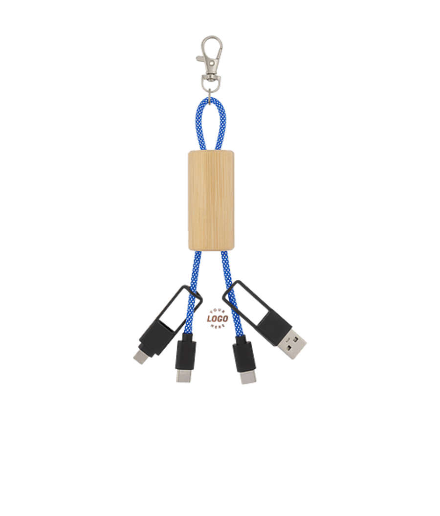 Laser Engraved Bamboo Concealed Charging Cable Keychain in BLUE-ROYAL