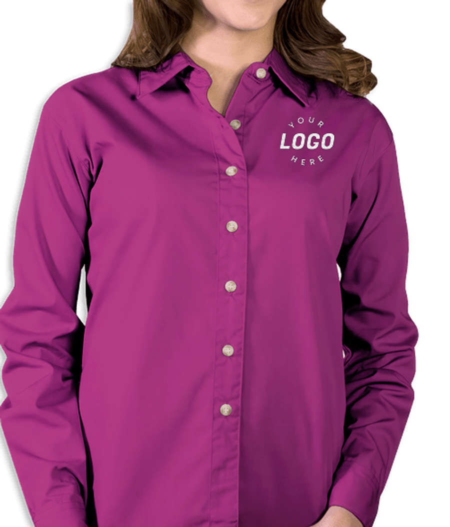 Blue Generation Women's Superblend Poplin Long Sleeve Dress Shirt - Embroidered in Berry