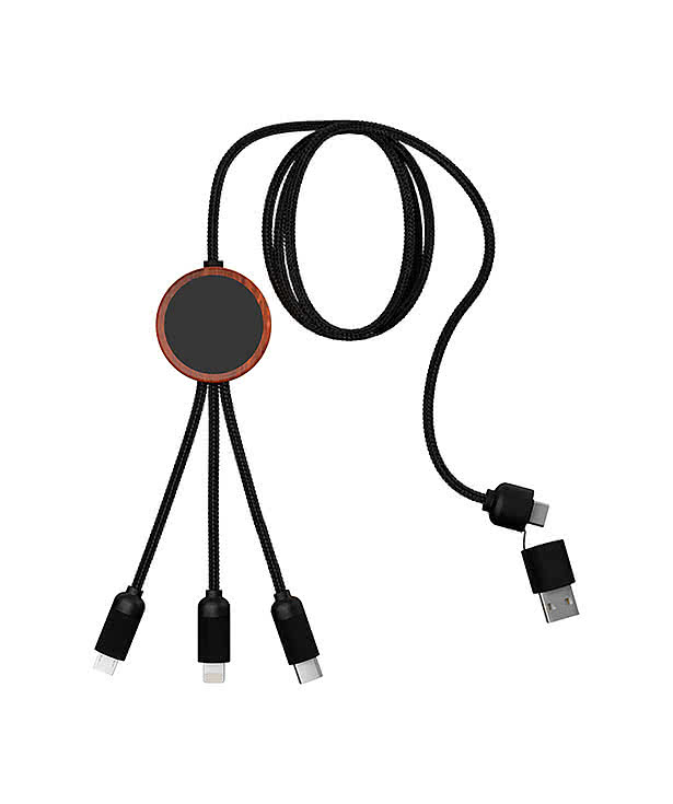 Laser Engraved 5-in-1 Bamboo Accent Charging Cable with Light-Up Logo
