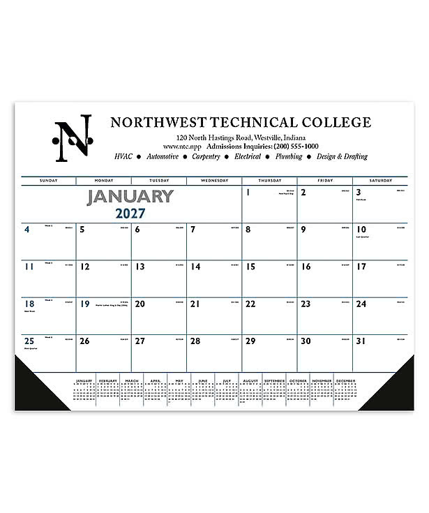 Blue & Black Desk Pad Calendar with Vinyl Corners