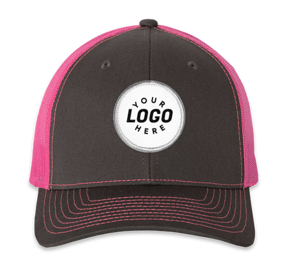 Richardson Snapback Trucker Hat - Circle Patch - Embroidered in Charcoal / Neon Pink