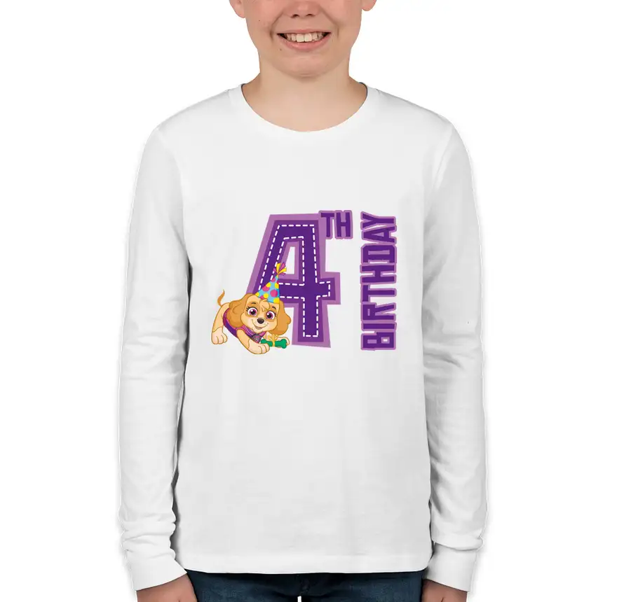 Paw Patrol - Birthday Skye - 4th Birthday - Bella + Canvas Youth Long Sleeve Jersey T-shirt