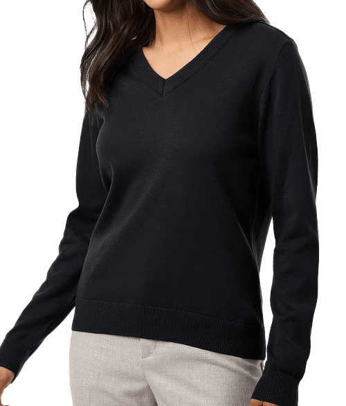 Devon & Jones Women's New Classics Recycled V-Neck Sweater - Embroidered in Black