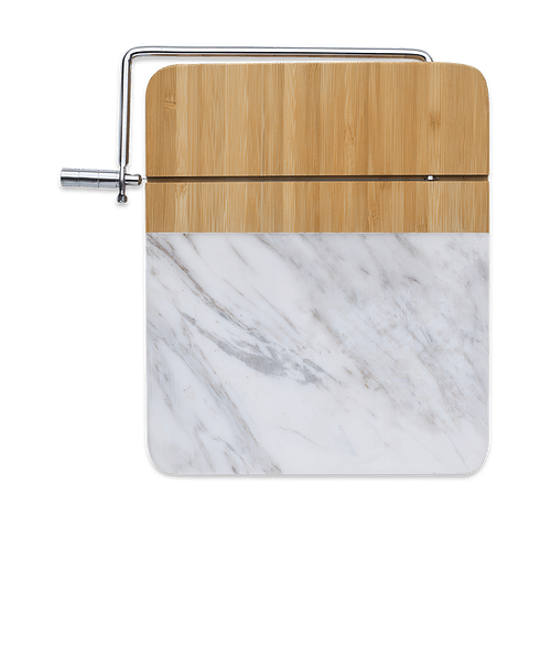 Laser Engraved Marble and Bamboo Cheese Cutting Board with Slicer in White Marble