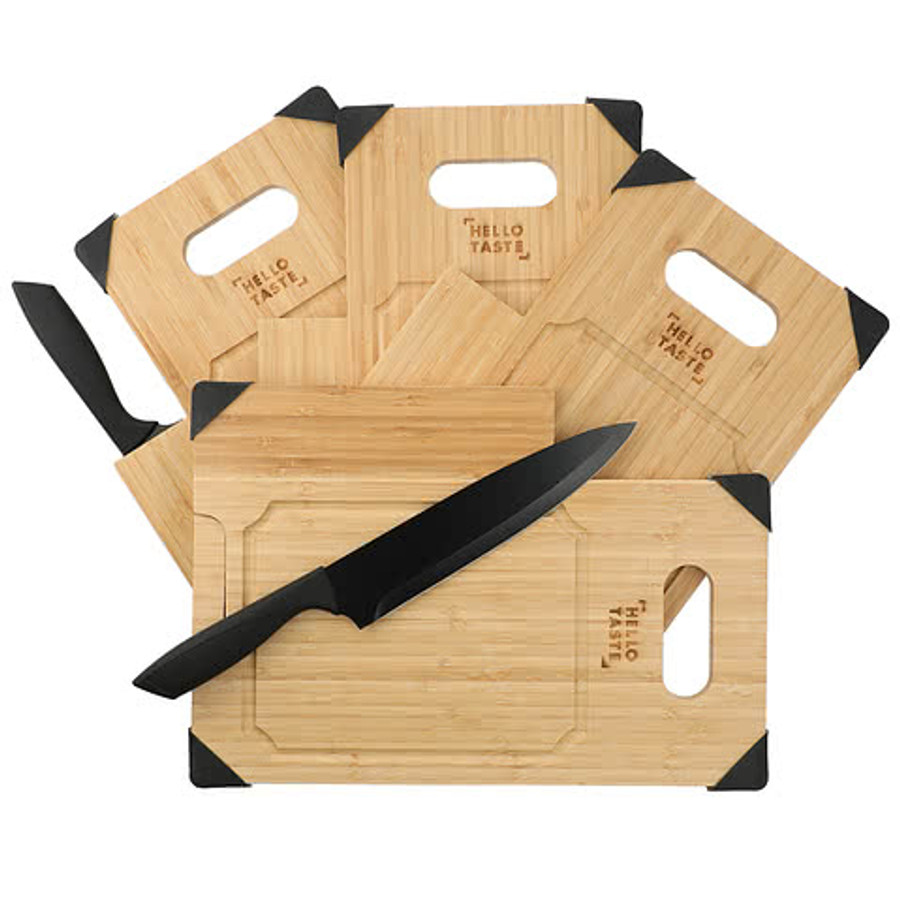Laser Engraved Bamboo Cutting Board with Knife in Natural