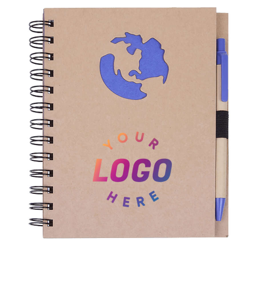 Globe Die Cut Hard Cover Spiral Notebook with Pen in NATURAL