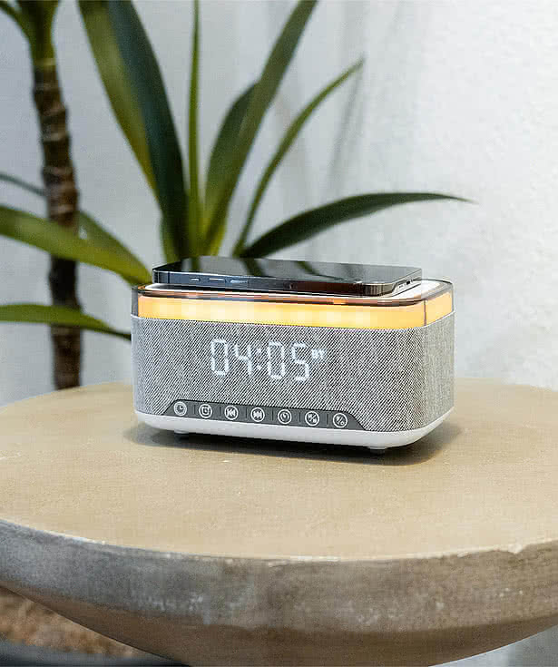 Rise & Shine Clock with Light-Up Bluetooth Speaker and Qi Wireless Charging Pad