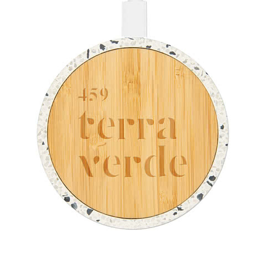 Laser Engraved 10W Speckle and Bamboo Portable Wireless Charger in White with Black