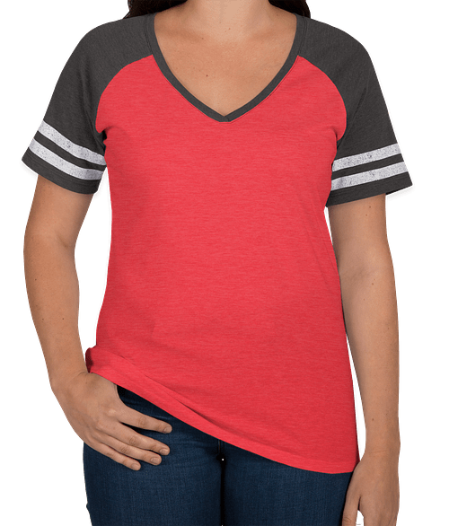 District Women's Game Time V-Neck T-shirt in Heathered Watermelon / Heathered Charcoal