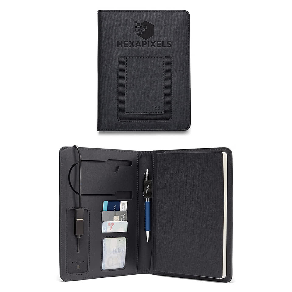 Debossed Leeman Roma Padfolio with Refillable Notebook & Wireless Charger 