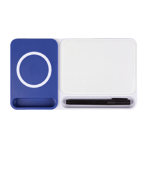 Desk Organizer with Wireless Charger & Dry Erase Board in White with Blue