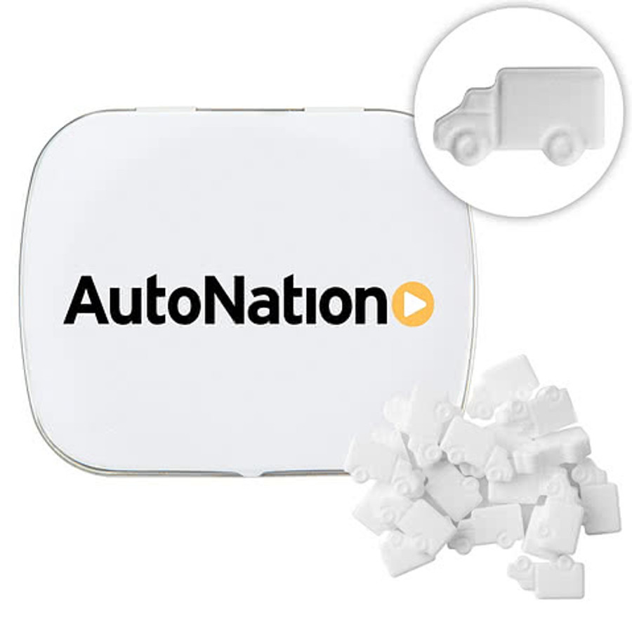 Full Color Domed Tin with Truck Shaped Mints in Silver