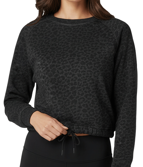 Live & Tell by LAT Women's Boxy Drawcord Hem Crewneck Sweatshirt in Black Leopard