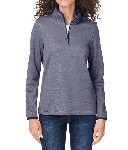 Core 365 Women's Venture Heathered Stripe Performance Quarter Zip Pullover in Classic Navy/White