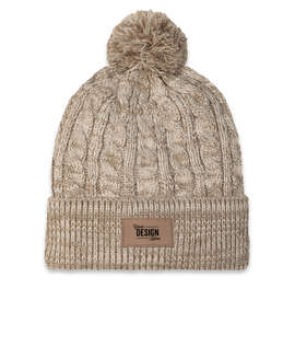Ahead Aspen Pom Pom Beanie with Tan Rectangle Patch - Color: Tan / Ivory
