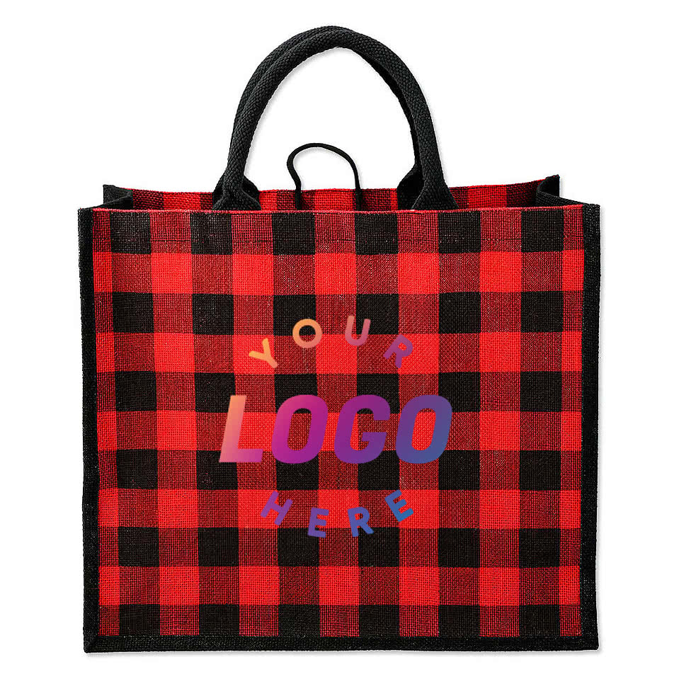 Medium Buffalo Plaid Jute Tote Bag