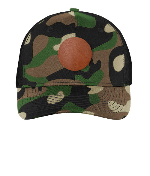 Port Authority Snapback Trucker Hat - Circle Faux Leather Patch - Laser Engraved in Woodland Camo / Black