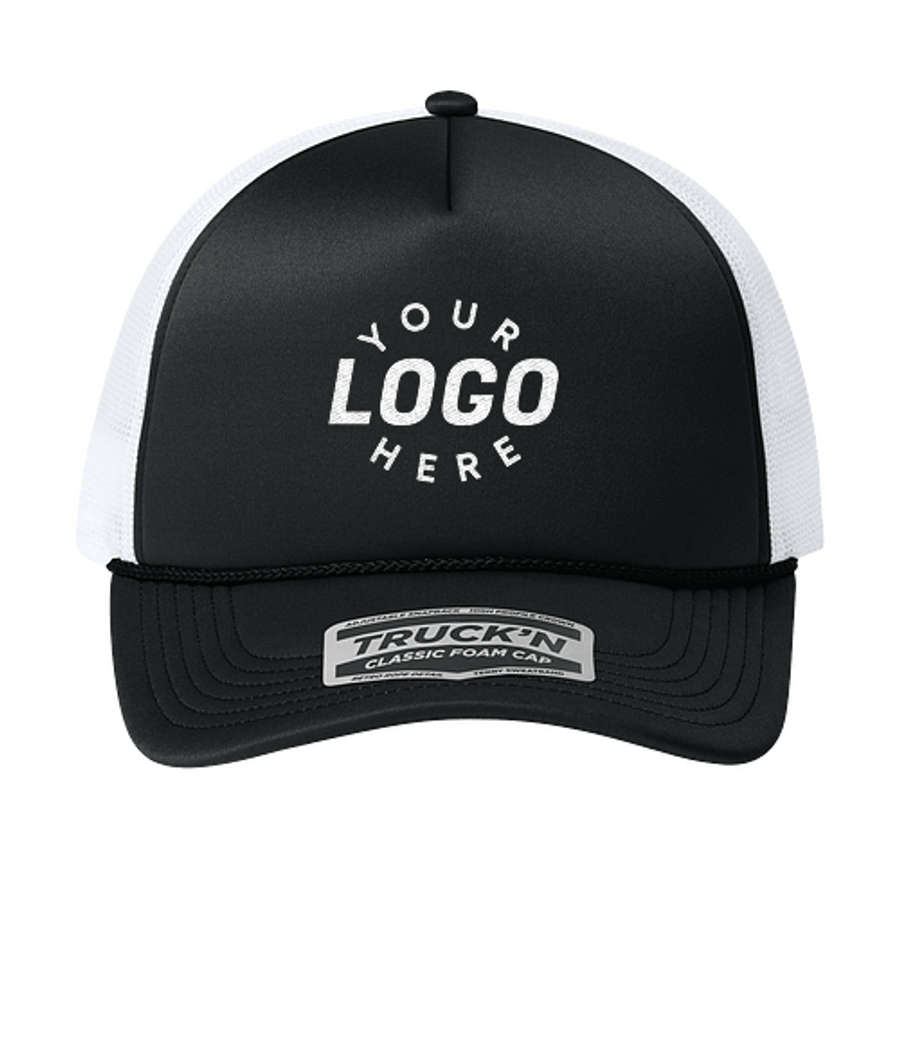 Port Authority Truck’N Five-Panel Foam Trucker Hat - Embroidered in Deep Black / Deep Black / White