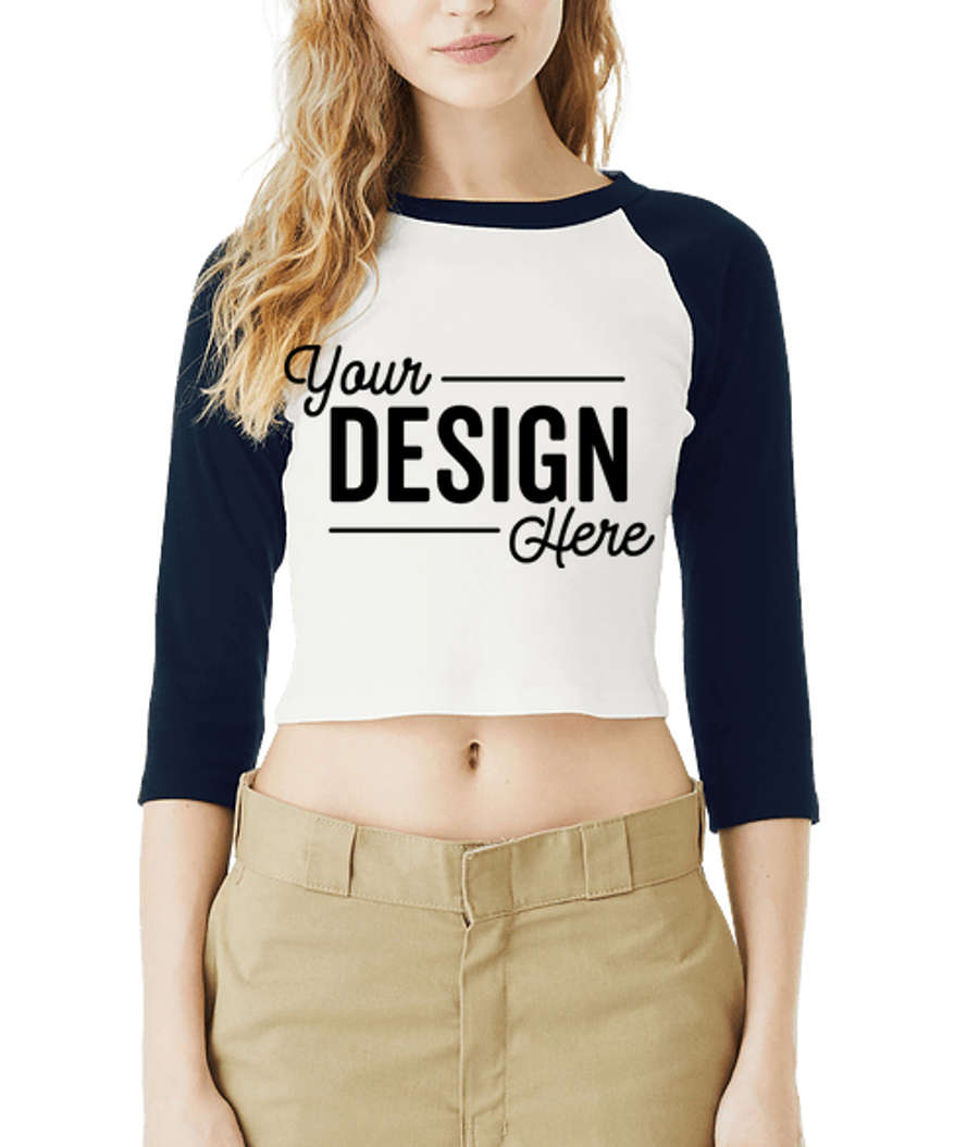 Bella + Canvas Women's Micro Rib 3/4 Raglan Cropped T-shirt in White / Navy