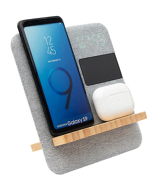Fabric & Bamboo Qi 15W Portable Wireless Charging Pad and Clock