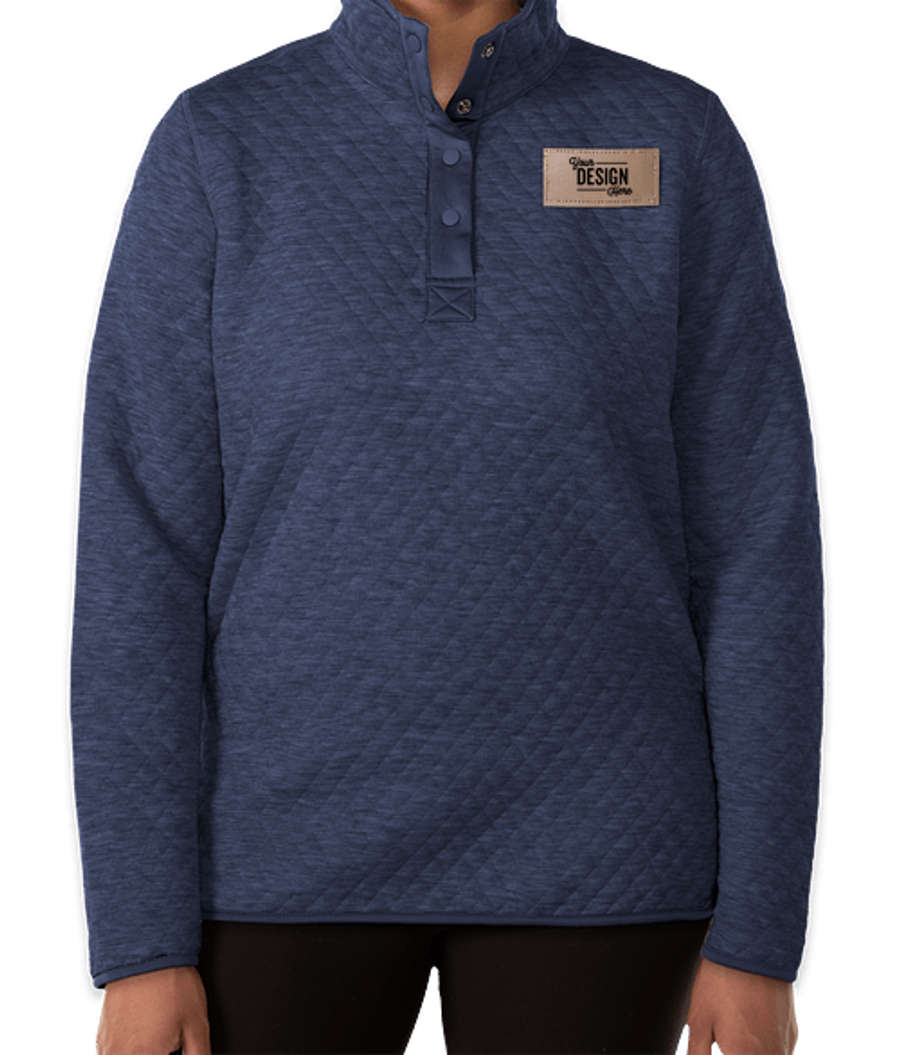 Marine Layer Women's Corbet Quilted Snap Pullover - Faux Leather Patch in Navy / Oat