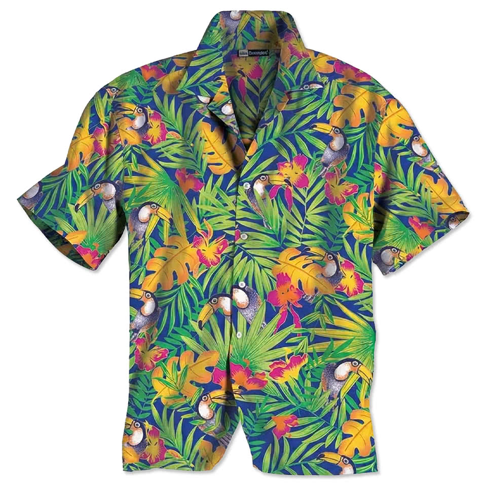 Blue Generation Tucan Print Short Sleeve Camp Shirt - Embroidered