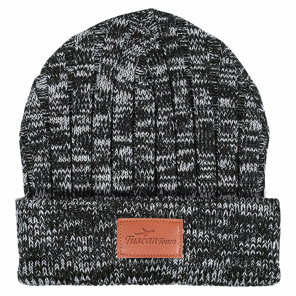 Heathered Knit Cuffed Rectangle Patch Beanie - Debossed