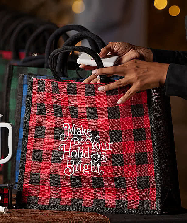 Medium Buffalo Plaid Jute Tote Bag