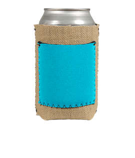 Full Color Burlap Can Cooler with Neoprene Pocket - Color: Aqua