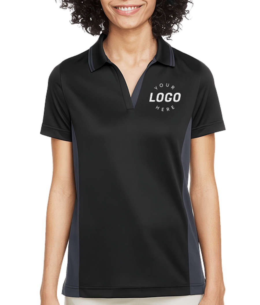 Harriton Women's Flash Snag Protection Colorblock Performance Polo - Embroidered in Black / Dark Charcoal