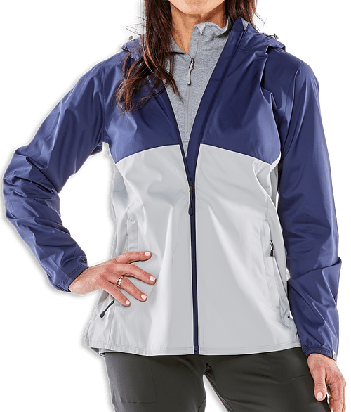 Storm Creek Women's Idealist Full Zip Hooded Windbreaker in Navy Blue / Platinum Gray