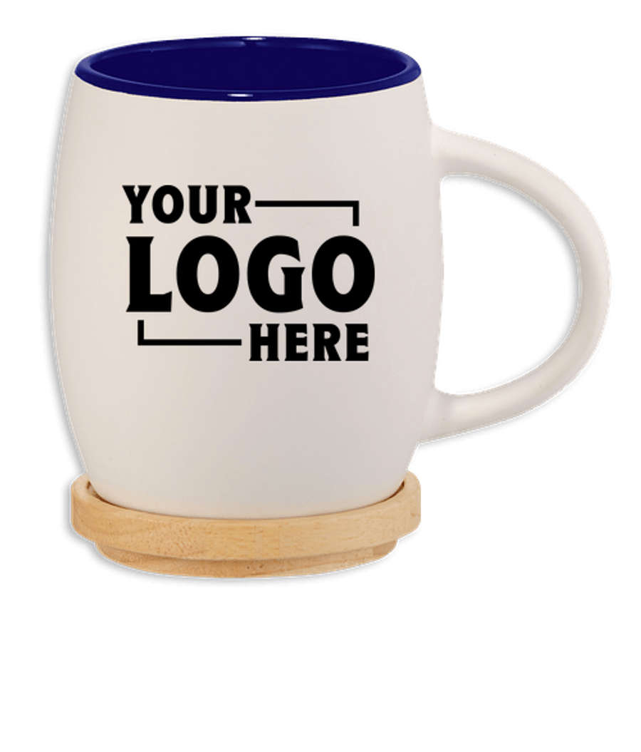 14 oz. Hearth Ceramic Mug with Lid/Coaster in White w/ Blue Trim