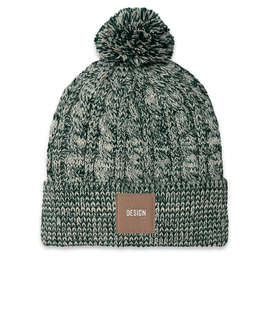 Ahead Aspen Pom Pom Beanie with Tan Square Patch - Color: University Hunter Green / Ivory