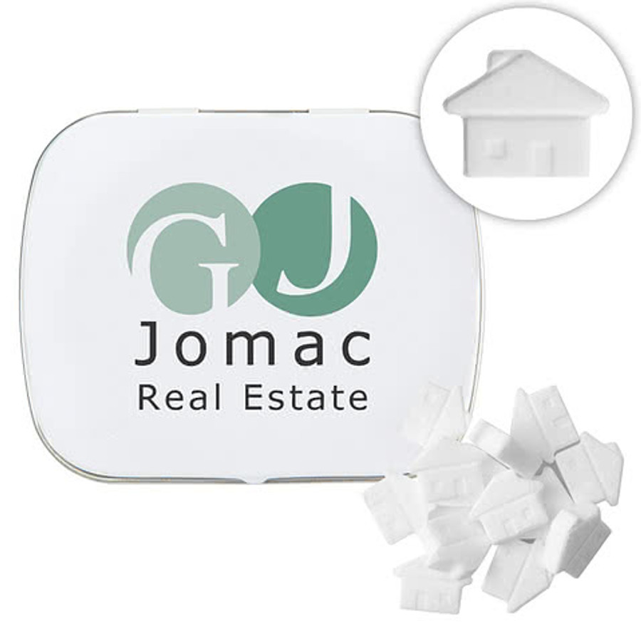 Full Color Domed Tin with House Shaped Mints in White