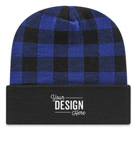 Cap America USA-Made Plaid Cuffed Beanie - Color: Black/True Royal