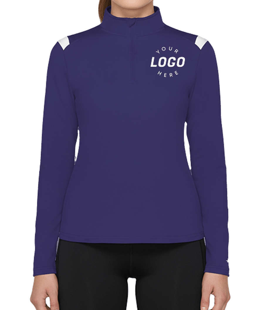 Badger Women's On The Rise Sport Paneled Performance Quarter Zip Pullover in Purple/White