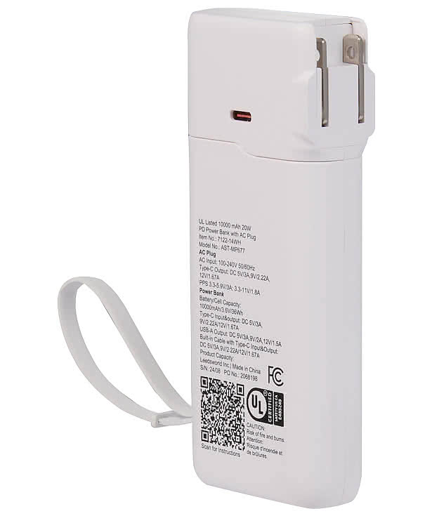 Full Color 10,000 mAh Portable Power Bank with AC Adapter