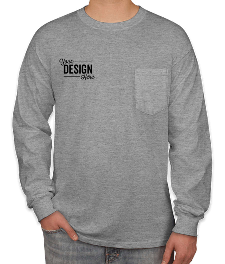 Gildan Ultra Cotton Long Sleeve Pocket T-shirt in Sports Grey