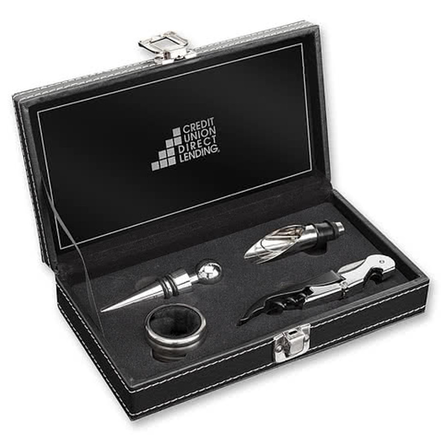 Laser Engraved Aikman 4 Piece Wine Accessory Set in Black
