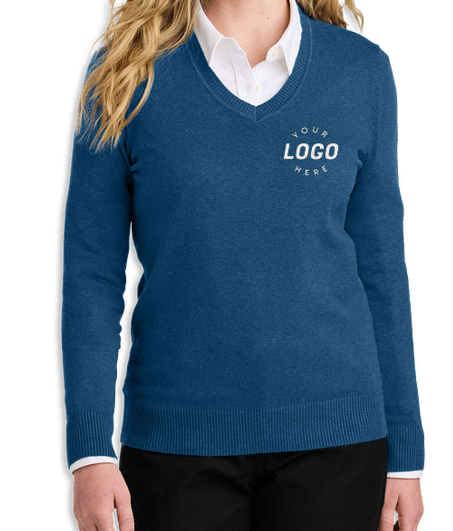 Port Authority Women’s Easy Care V-Neck Sweater in Aegean Blue Heather