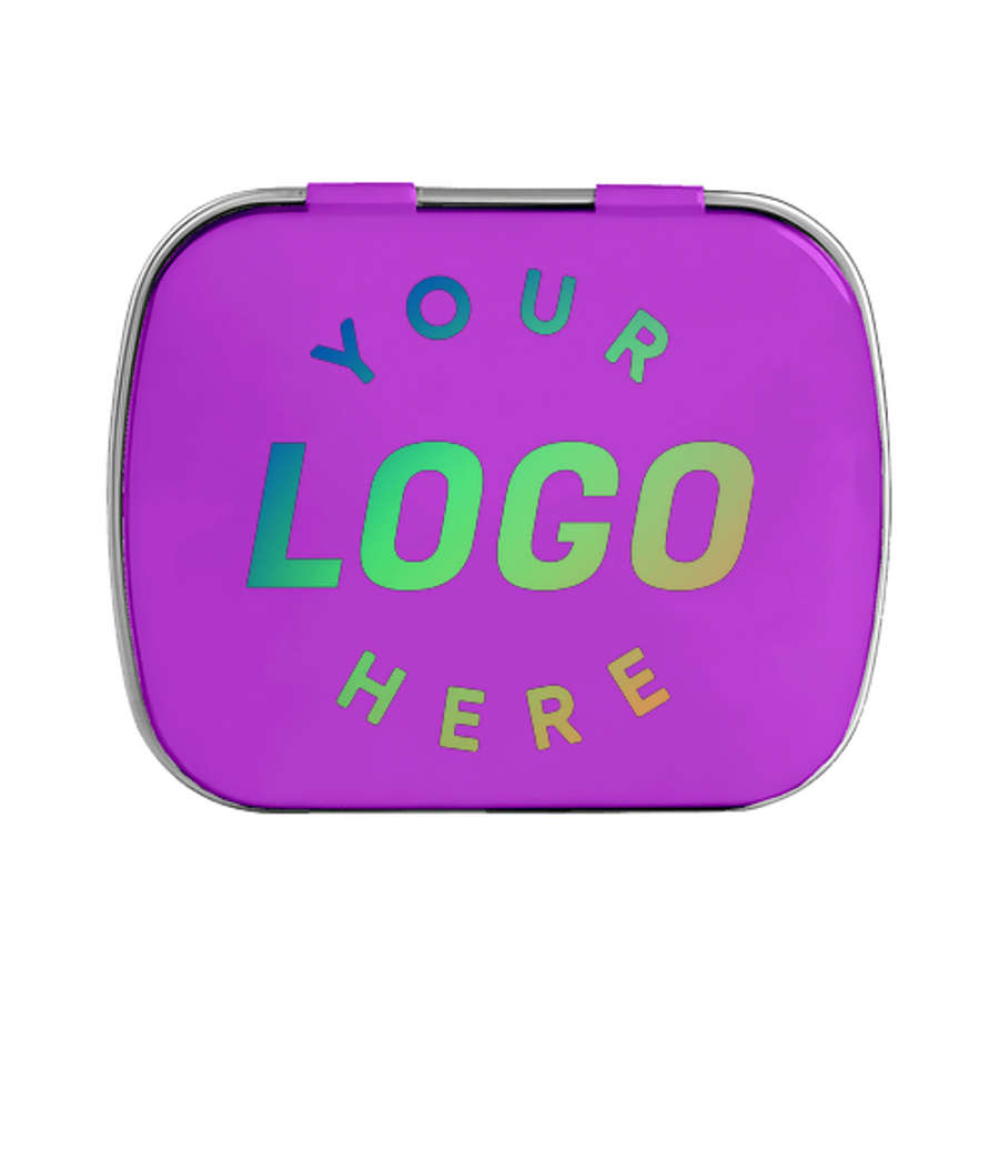 Full Color Domed Tin with Heart Shaped Mints in Team Purple