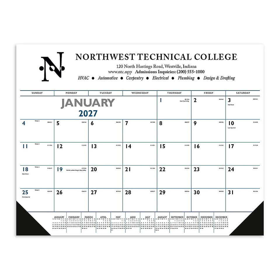 Blue & Black Desk Pad Calendar with Vinyl Corners