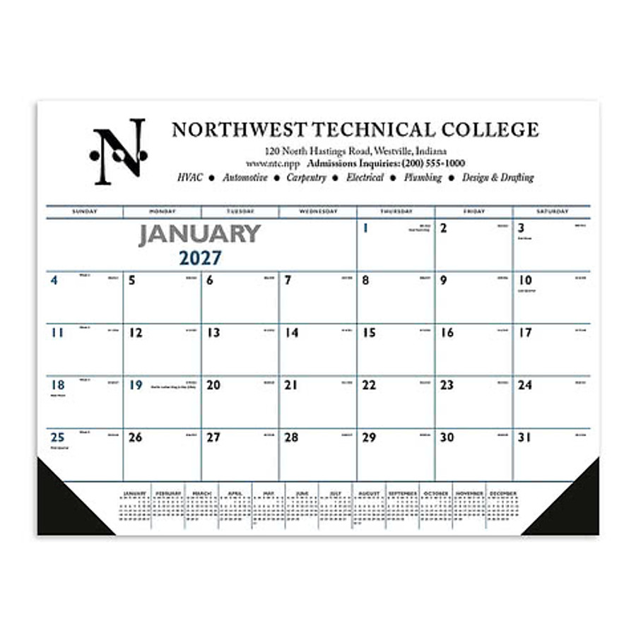 Blue & Black Desk Pad Calendar with Vinyl Corners in Black