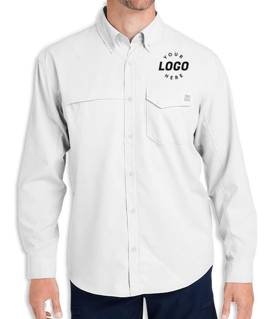 HUK Tide Point Textured Long Sleeve Work Shirt - Embroidered in White