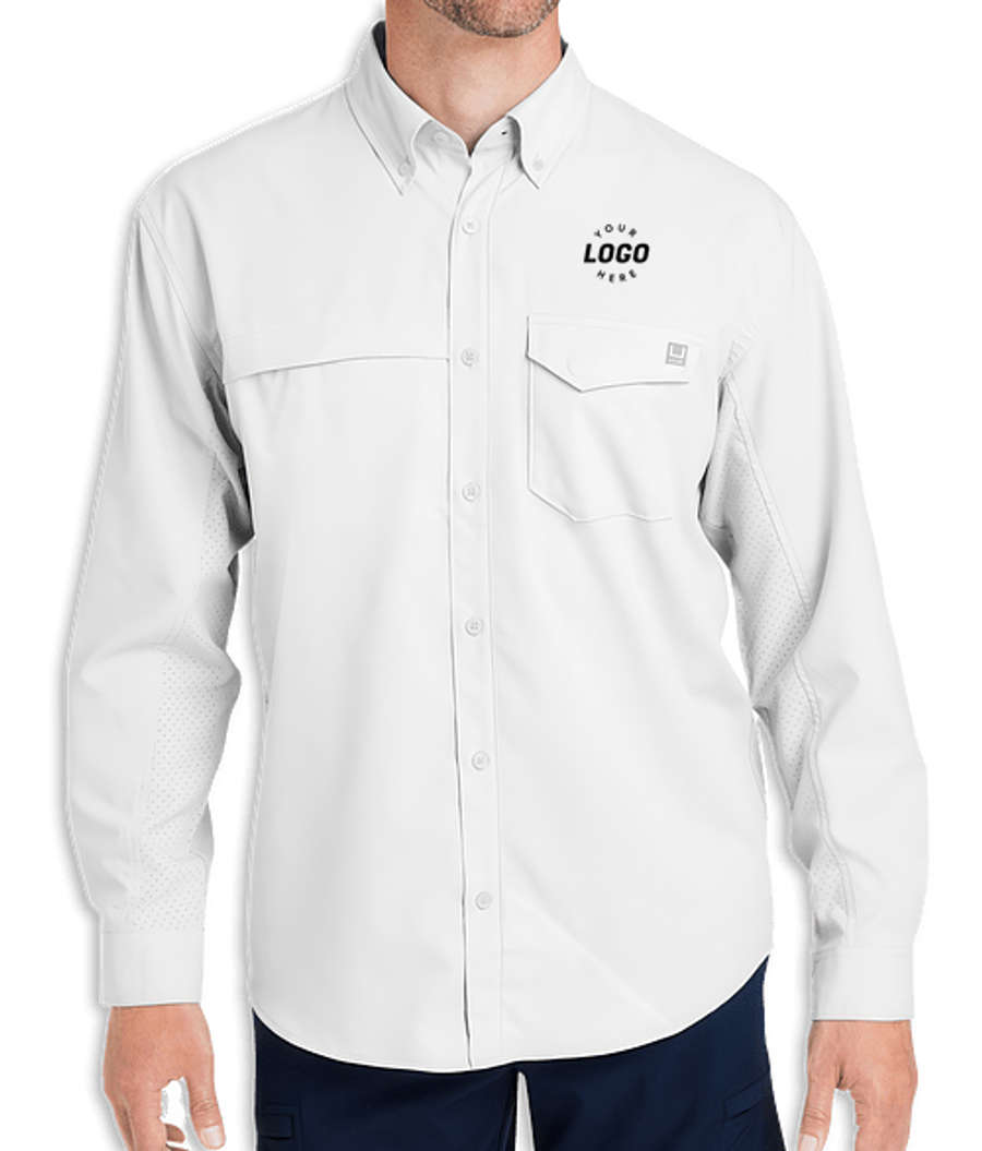 HUK Tide Point Textured Long Sleeve Work Shirt - Printed in White