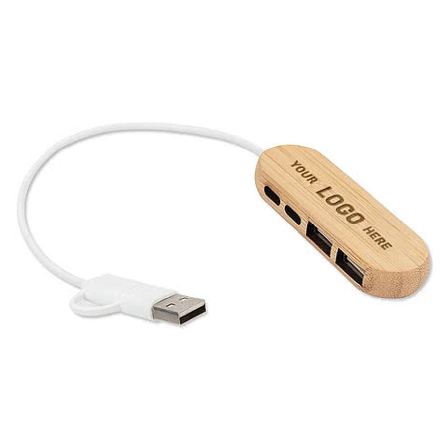 Laser Engraved Bamboo Dual Input USB Hub in Bamboo
