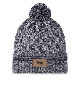 Ahead Aspen Pom Pom Beanie with Tan Rectangle Patch - Color: Navy / Ivory