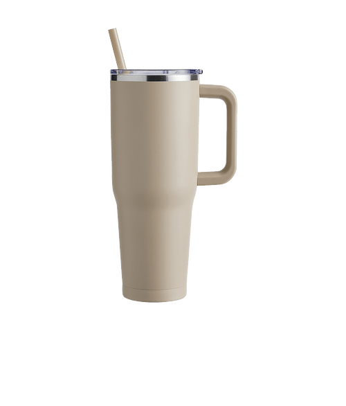 Laser Engraved 40 oz. Harriton Insulated Travel Tumbler with Straw in KHAKI