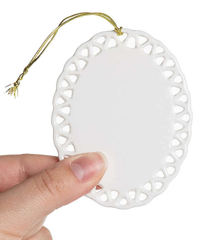 Full Color Vertical Oval Doily Ceramic Ornament
