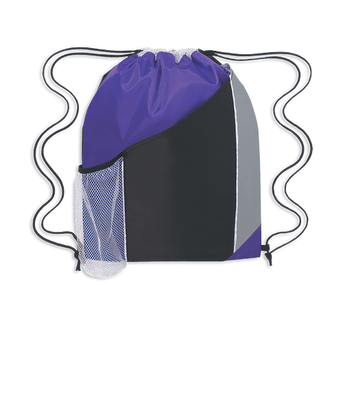 Full Color Sports Pack Tri-Color Drawstring Bag in Black with Purple